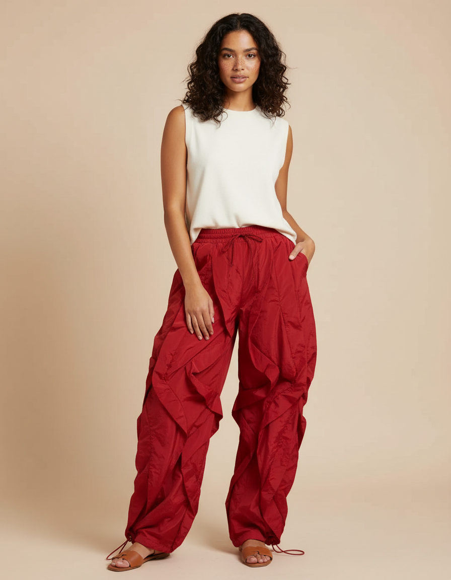 Pantalon Japonais Rouge Cargo Ample Fluide Femme - Polyester