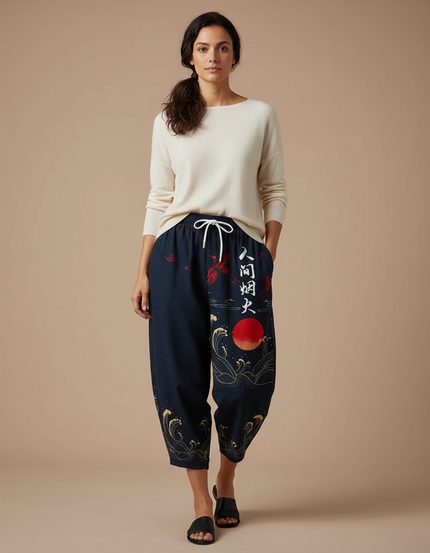 Pantalon Japonais Bleu Marine Ample Soleil Vagues - Toile