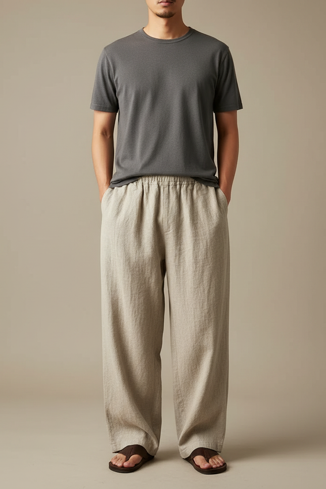 Pantalon Japonais Beige Ample Lin Coton Décontracté