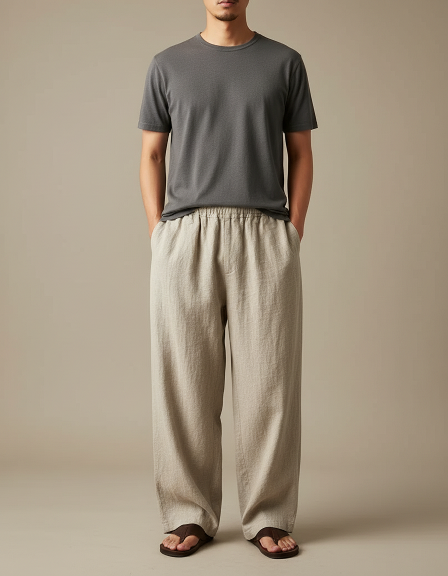 Pantalon Japonais Beige Ample Lin Coton Décontracté