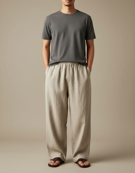 Pantalon Japonais Beige Ample Lin Coton Décontracté