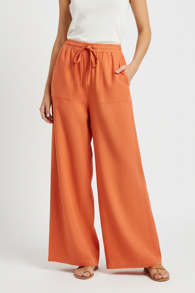 Pantalon Japonais Orange Lin Ample Confortable Femme