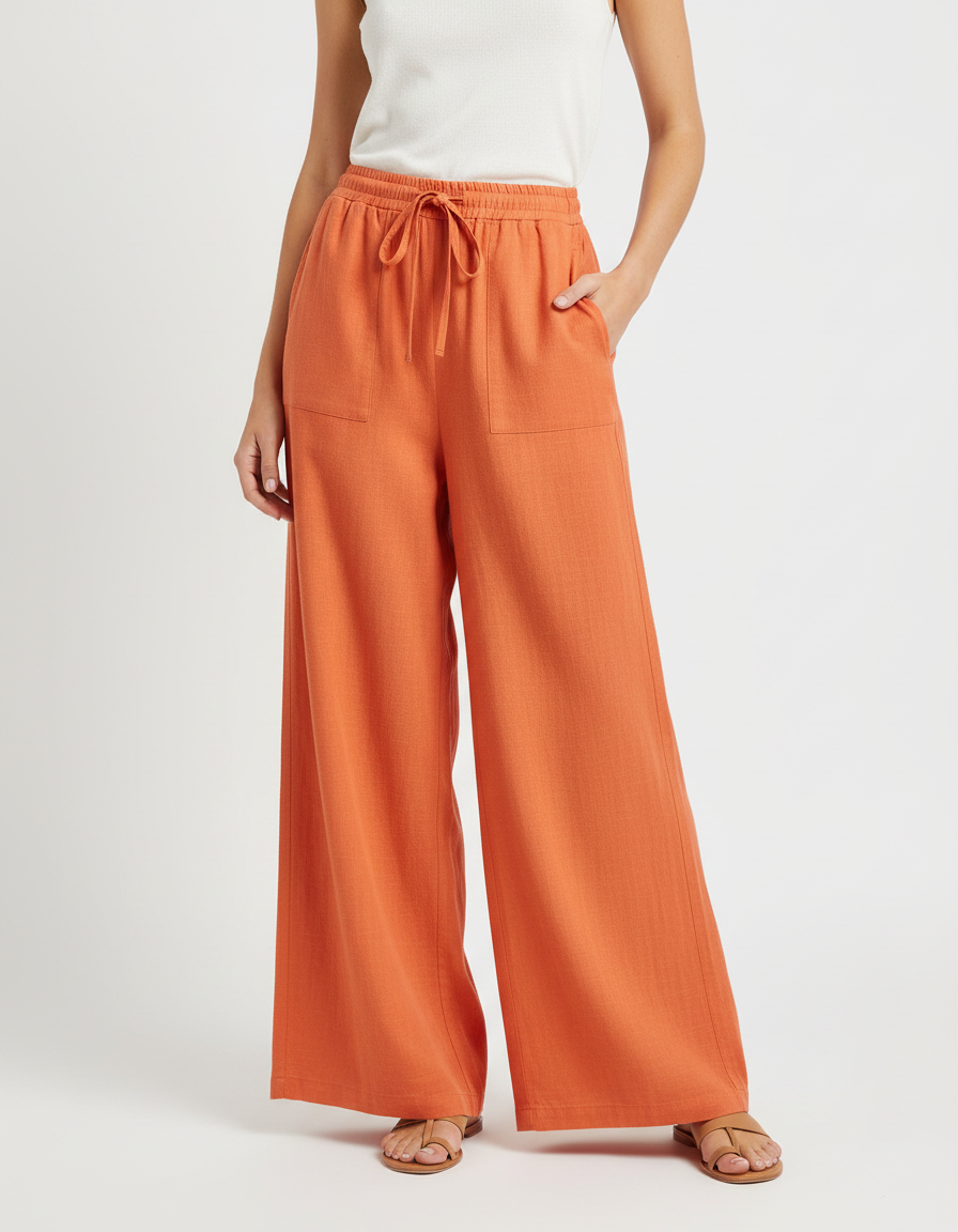 Pantalon Japonais Orange Lin Ample Confortable Femme