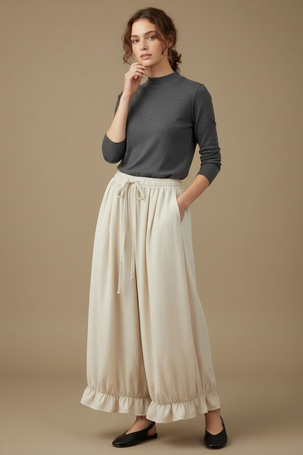 Pantalon Japonais Beige Ample Volants Cordon Décontracté - Lin