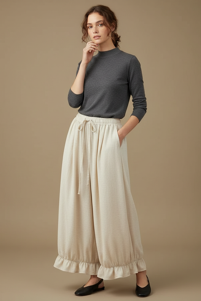 Pantalon Japonais Beige Ample Volants Cordon Décontracté - Lin