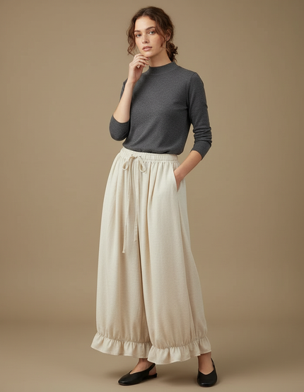 Pantalon Japonais Beige Ample Volants Cordon Décontracté - Lin