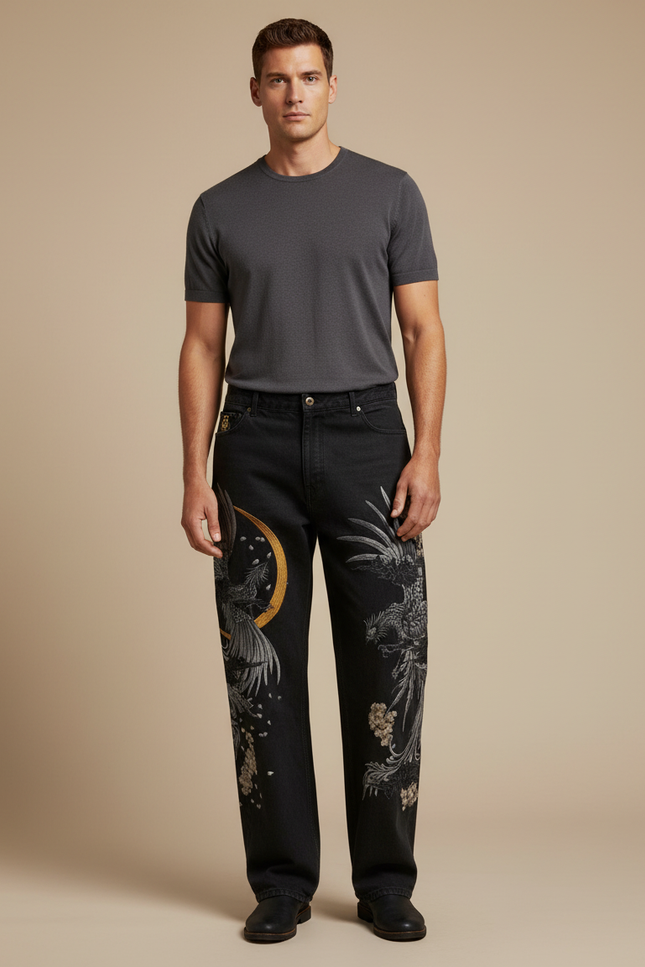 Pantalon Japonais Noir Brodé Dragon Ample Homme - Jean