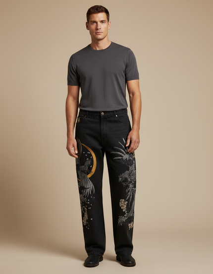 Pantalon Japonais Noir Brodé Dragon Ample Homme - Jean