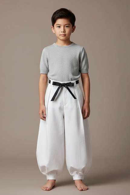 Pantalon Japonais Blanc Ample Coton Ceinture Noire