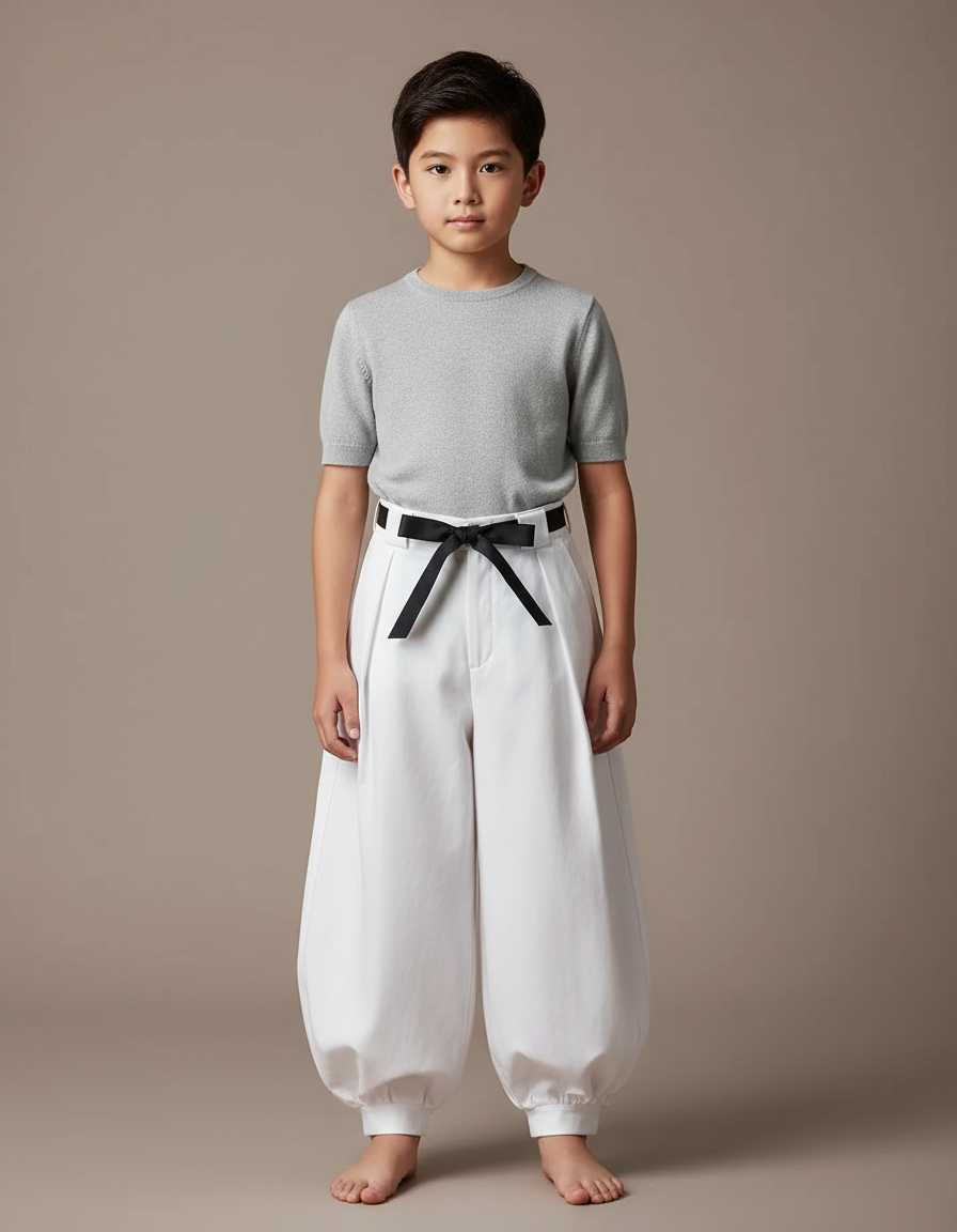 Pantalon Japonais Blanc Ample Coton Ceinture Noire