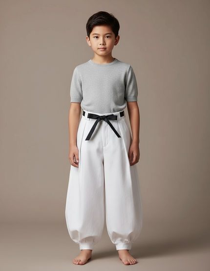 Pantalon Japonais Blanc Ample Coton Ceinture Noire