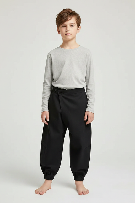 Pantalon Japonais Noir Ample Coton Sarouel Élastique - Gabardine