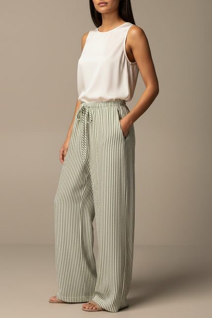 Pantalon Japonais Rayé Ample Vert Cordon Fluide - Lin