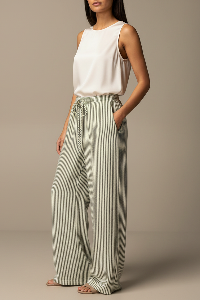 Pantalon Japonais Rayé Ample Vert Cordon Fluide - Lin