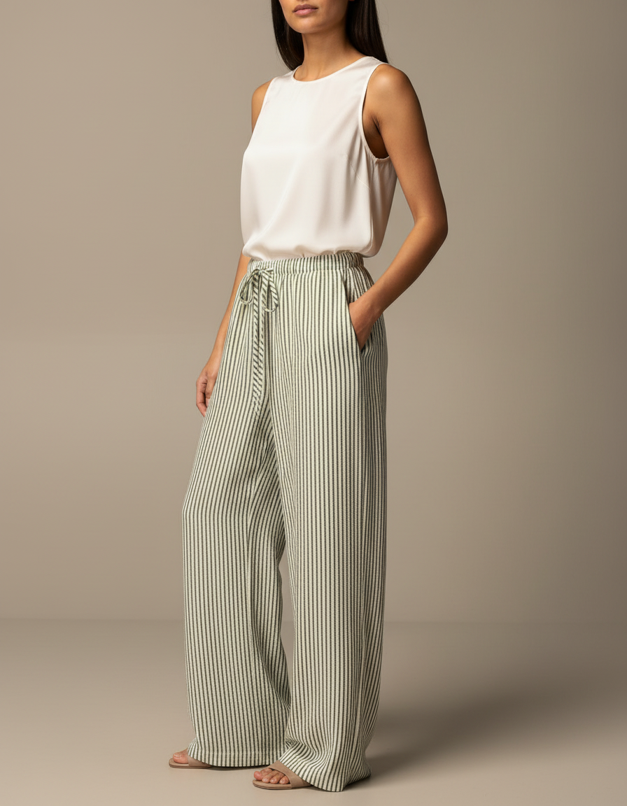 Pantalon Japonais Rayé Ample Vert Cordon Fluide - Lin