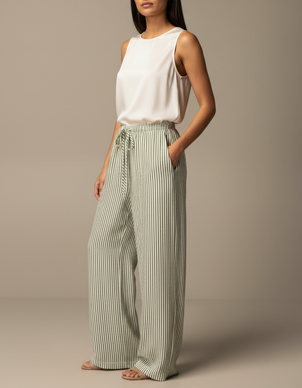 Pantalon Japonais Rayé Ample Vert Cordon Fluide - Lin