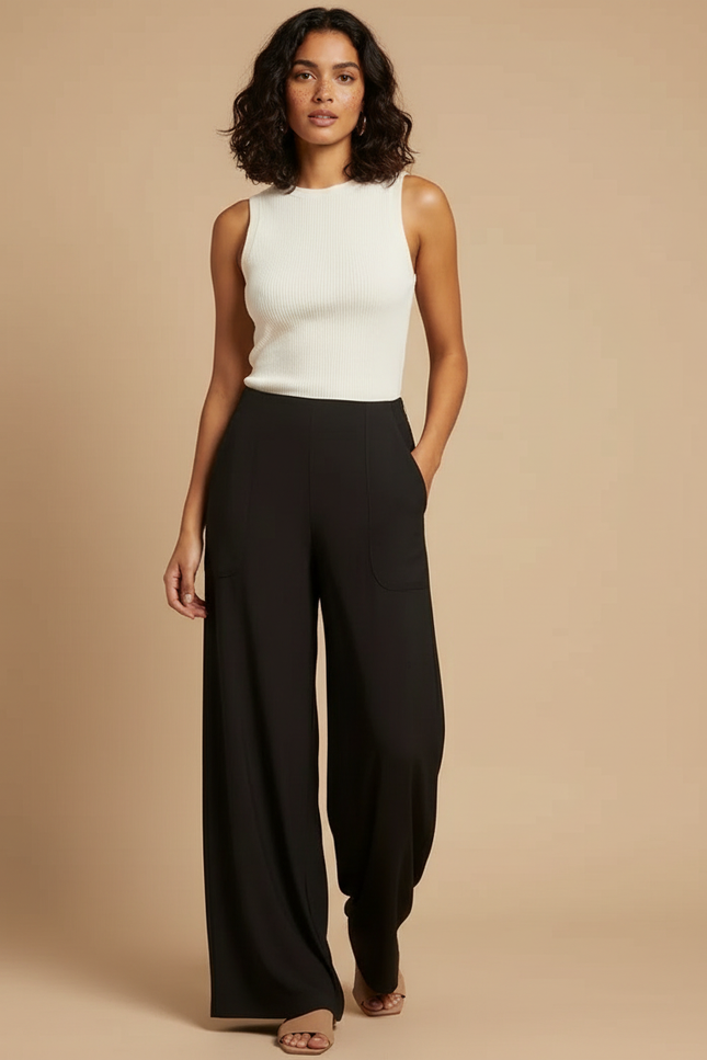 Pantalon Japonais Noir Fluide Ample Femme Élégant - Viscose