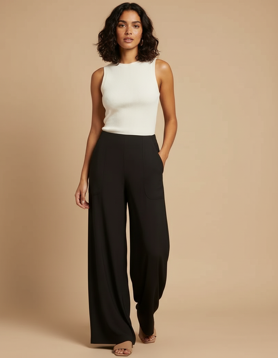 Pantalon Japonais Noir Fluide Ample Femme Élégant - Viscose
