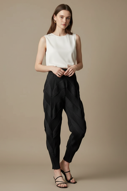 Pantalon Japonais Plissé Noir Texturé Élégant Femme - Polyester