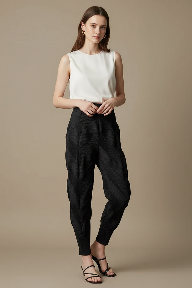 Pantalon Japonais Plissé Noir Texturé Élégant Femme - Polyester