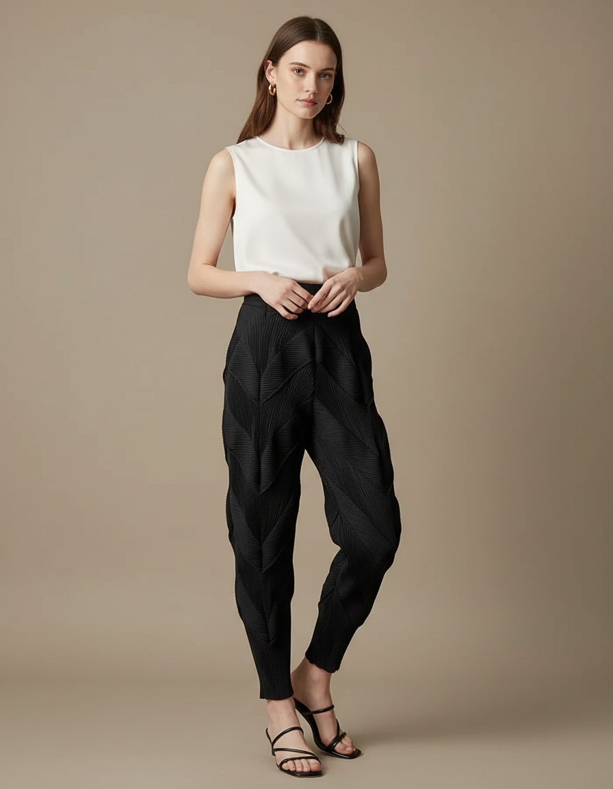 Pantalon Japonais Plissé Noir Texturé Élégant Femme - Polyester