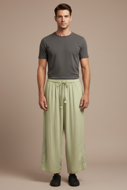 Pantalon Japonais Vert Ample Coton Brodé Décontracté