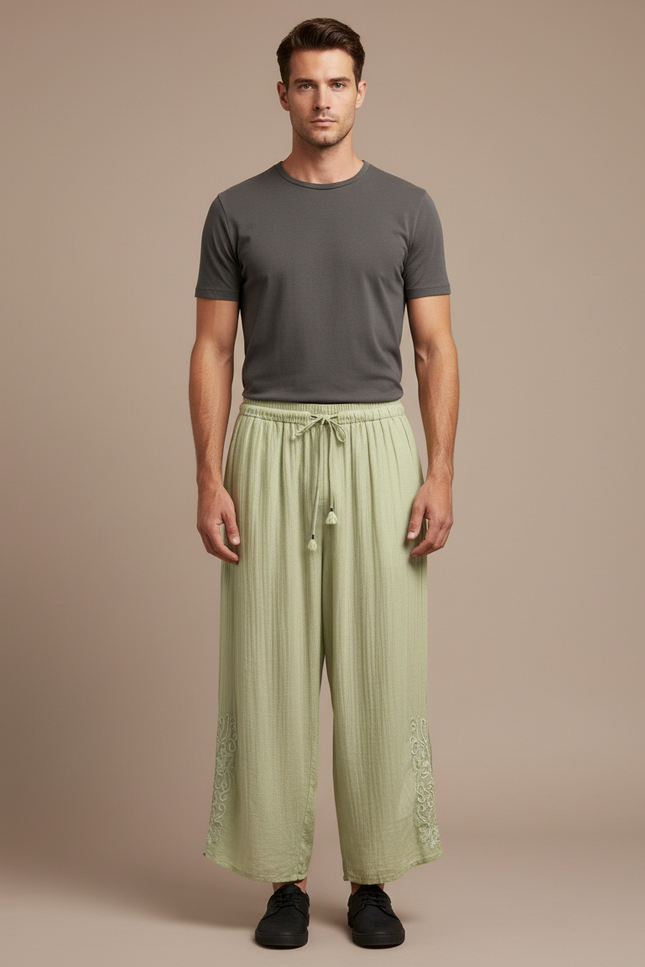 Pantalon Japonais Vert Ample Coton Brodé Décontracté