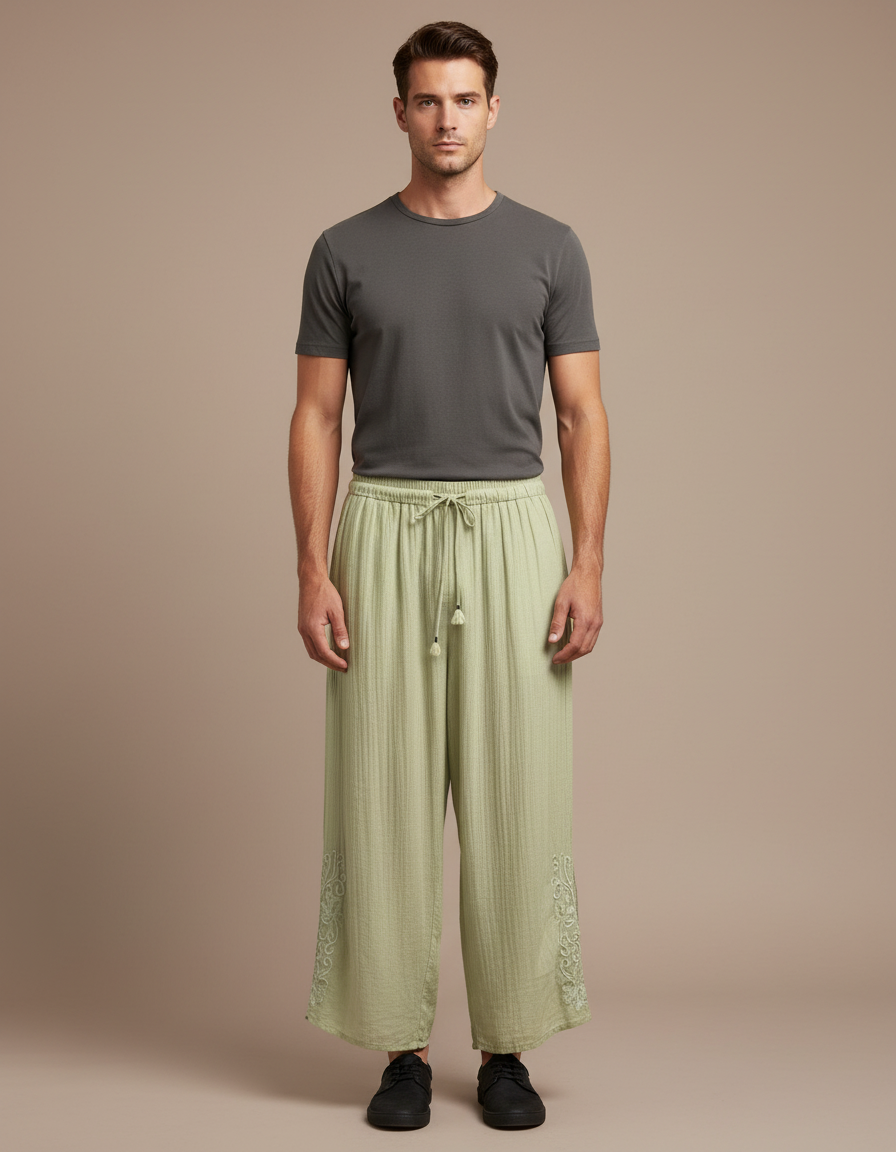 Pantalon Japonais Vert Ample Coton Brodé Décontracté