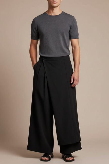 Pantalon Japonais Noir Ample Superposé Asymétrique Moderne - Polyester