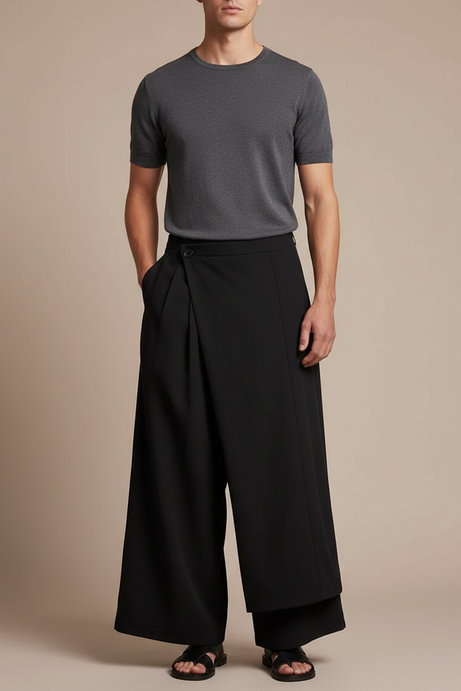 Pantalon Japonais Noir Ample Superposé Asymétrique Moderne - Polyester