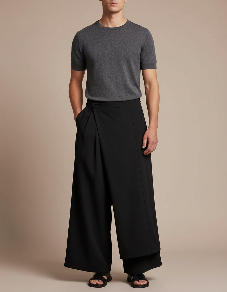 Pantalon Japonais Noir Ample Superposé Asymétrique Moderne - Polyester