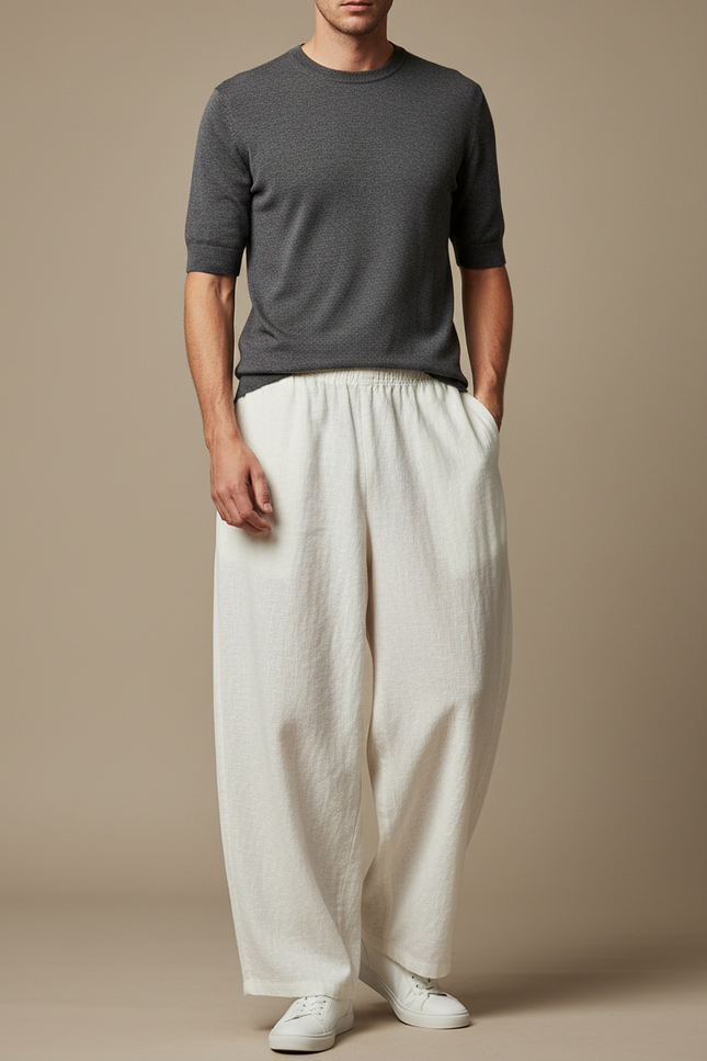 Pantalon Japonais Crème Ample Lin Décontracté Cordon - Beige