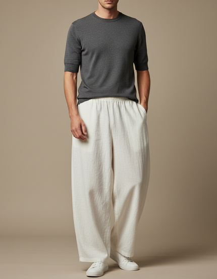 Pantalon Japonais Crème Ample Lin Décontracté Cordon - Beige