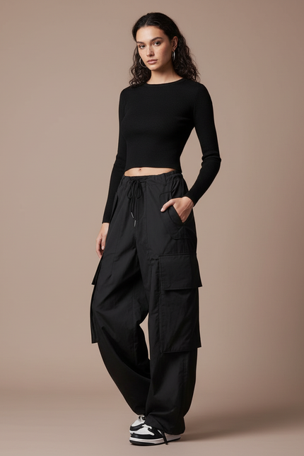 Pantalon Japonais Noir Cargo Ample Décontracté - Polyester