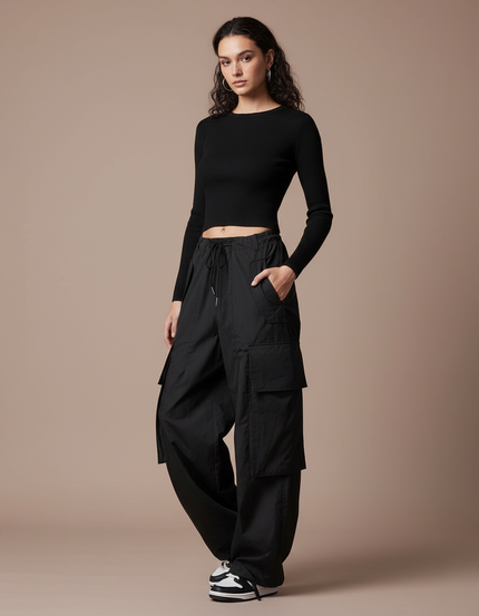 Pantalon Japonais Noir Cargo Ample Décontracté - Polyester