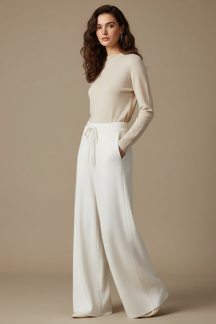 Pantalon Japonais Blanc Cassé Ample Laine Élastique Femme