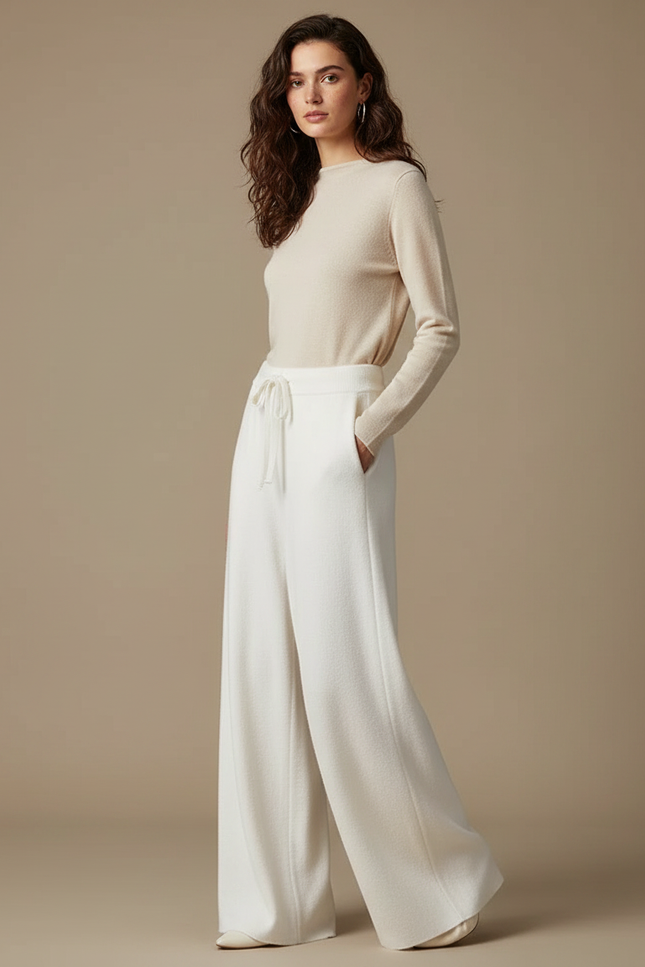 Pantalon Japonais Blanc Cassé Ample Laine Élastique Femme