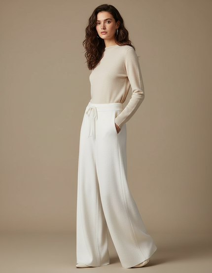 Pantalon Japonais Blanc Cassé Ample Laine Élastique Femme
