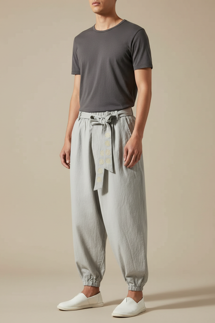 Pantalon Japonais Gris Ample Coton Ceinture Brodé