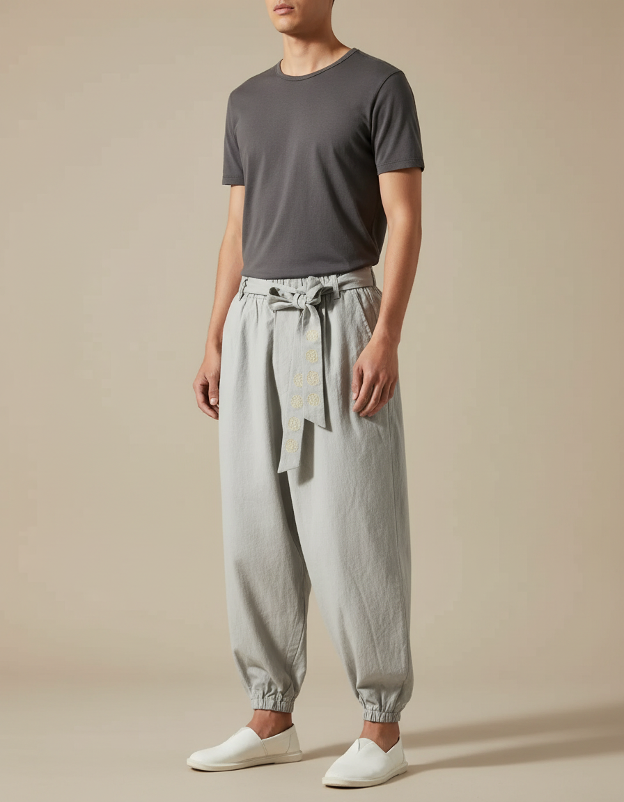 Pantalon Japonais Gris Ample Coton Ceinture Brodé