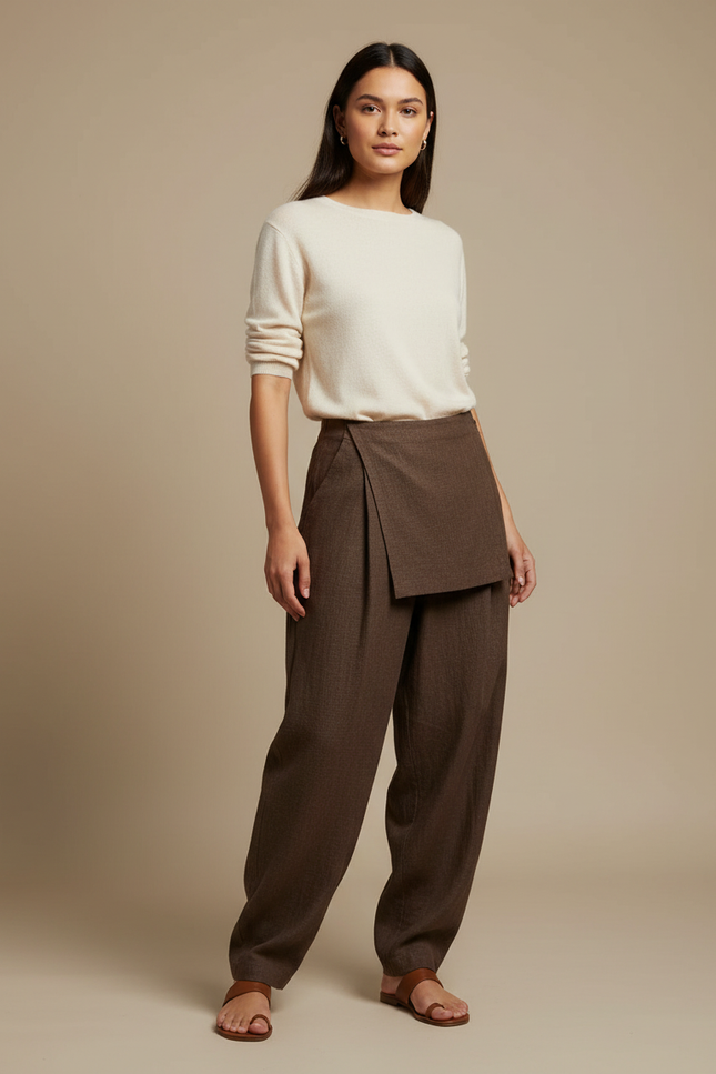 Pantalon Japonais Marron Ample Lin Déstructuré Élégant