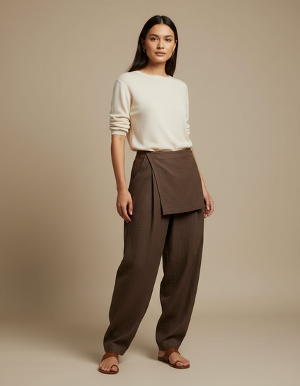 Pantalon Japonais Marron Ample Lin Déstructuré Élégant