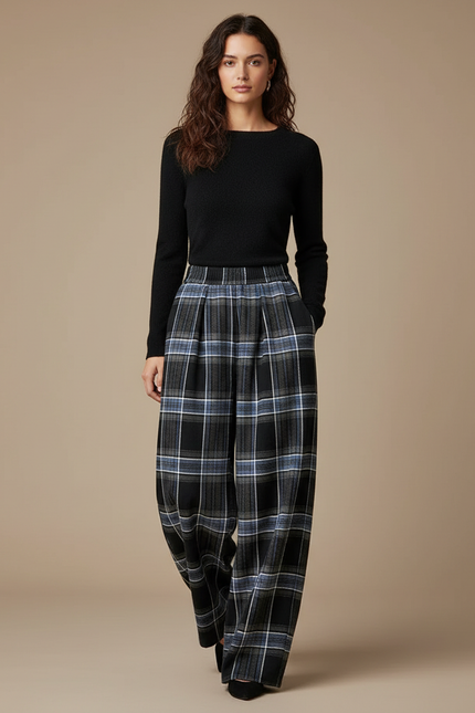 Pantalon Japonais Carreaux Larges Hiver Fluide Plissé - Multicolore Laine
