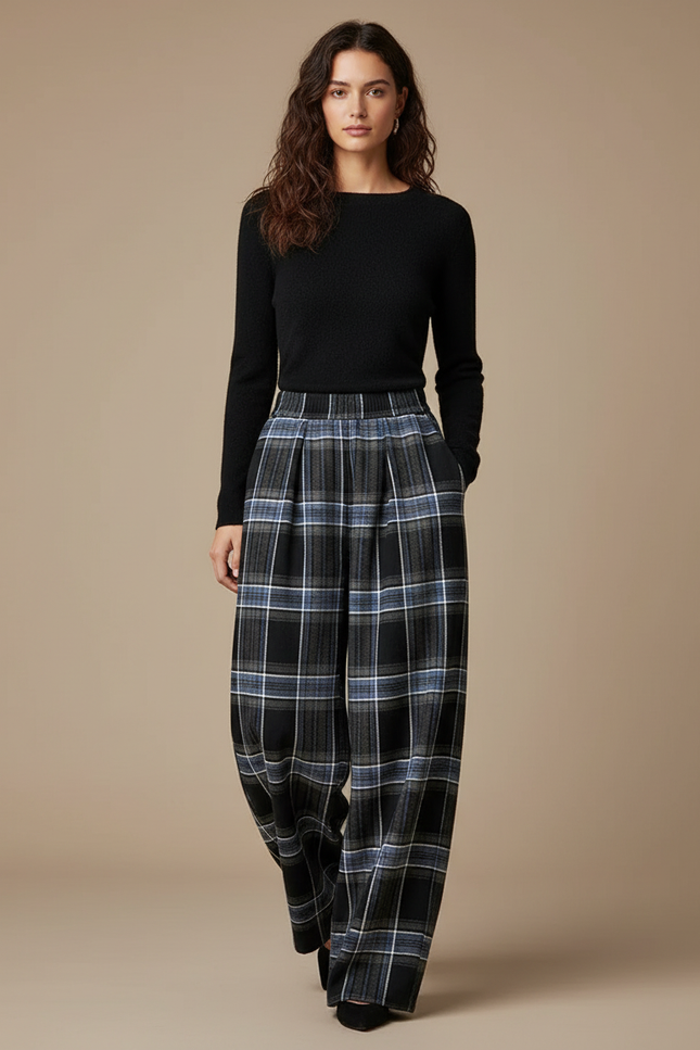 Pantalon Japonais Carreaux Larges Hiver Fluide Plissé - Multicolore Laine