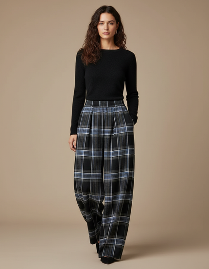 Pantalon Japonais Carreaux Larges Hiver Fluide Plissé - Multicolore Laine