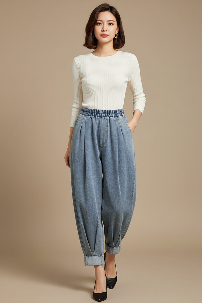 Pantalon Japonais Bleu Denim Ample Taille Haute - Jean