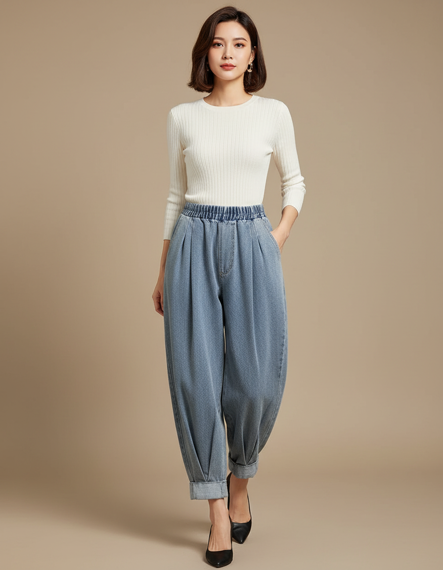 Pantalon Japonais Bleu Denim Ample Taille Haute - Jean