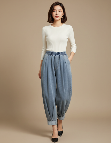 Pantalon Japonais Bleu Denim Ample Taille Haute - Jean