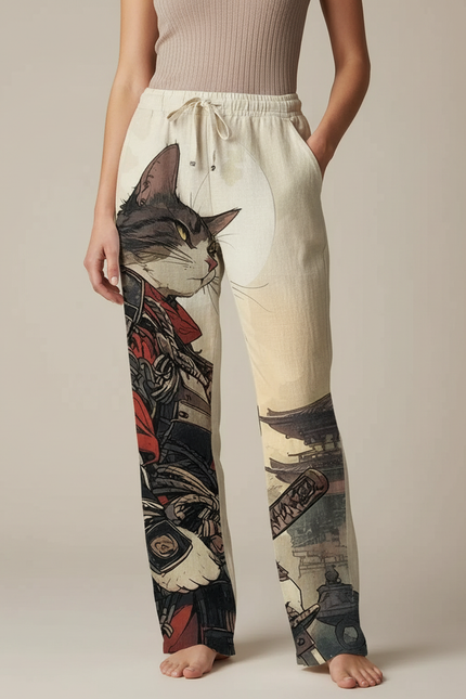 Pantalon Japonais Large Lin Imprimé Chat Samurai