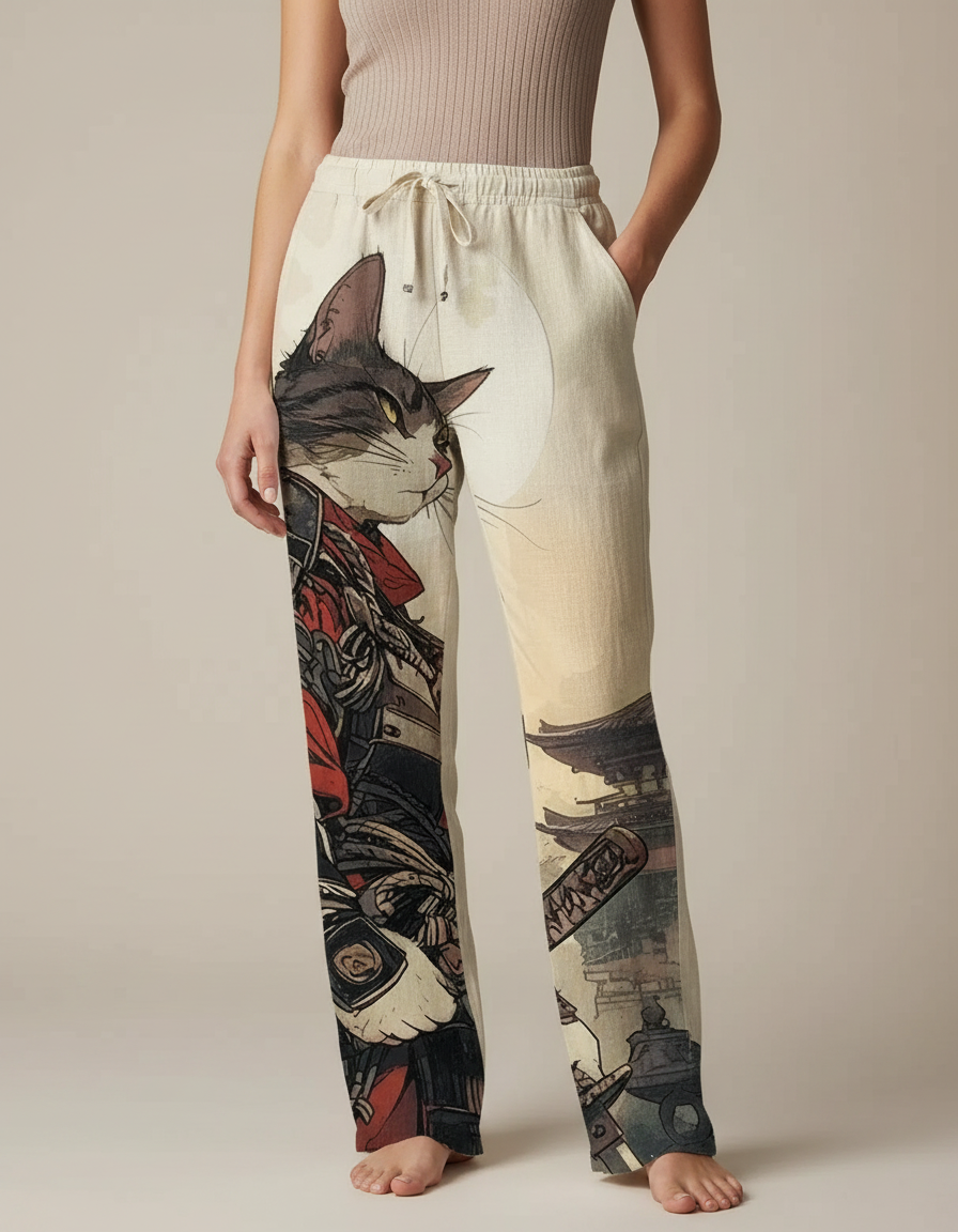 Pantalon Japonais Large Lin Imprimé Chat Samurai